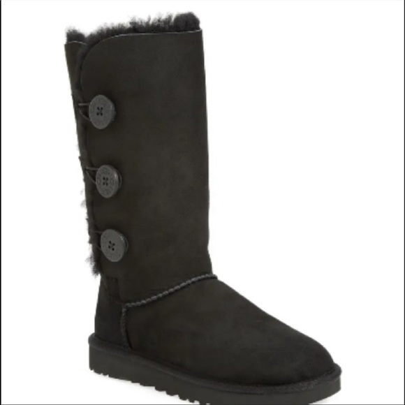 UGG Bailey Button Triplet sheepskin black suede boots size 8 w/ 3 buttons. - Picture 2 of 16